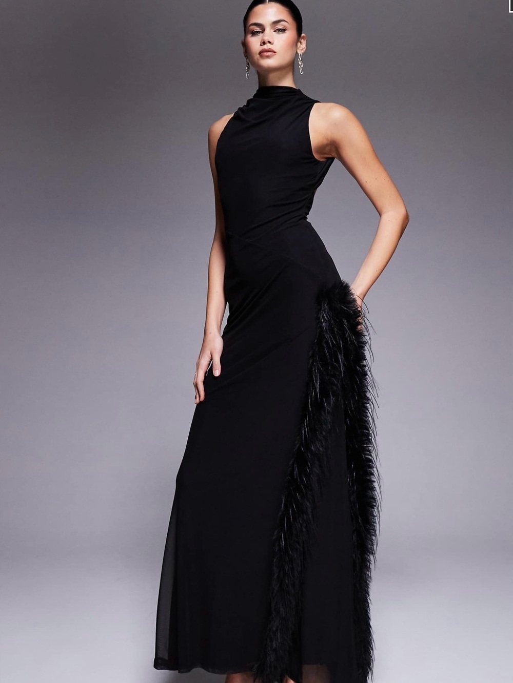 ASOS Black Backless Maxi Dress with Feather Trim